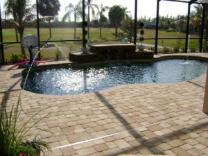 Pool with basketball hoop and golf view