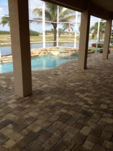 Patio with pool overlooking a palm tree and flag