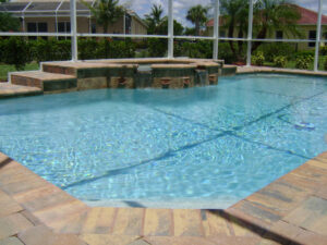 Pool with sunny reflection and spa